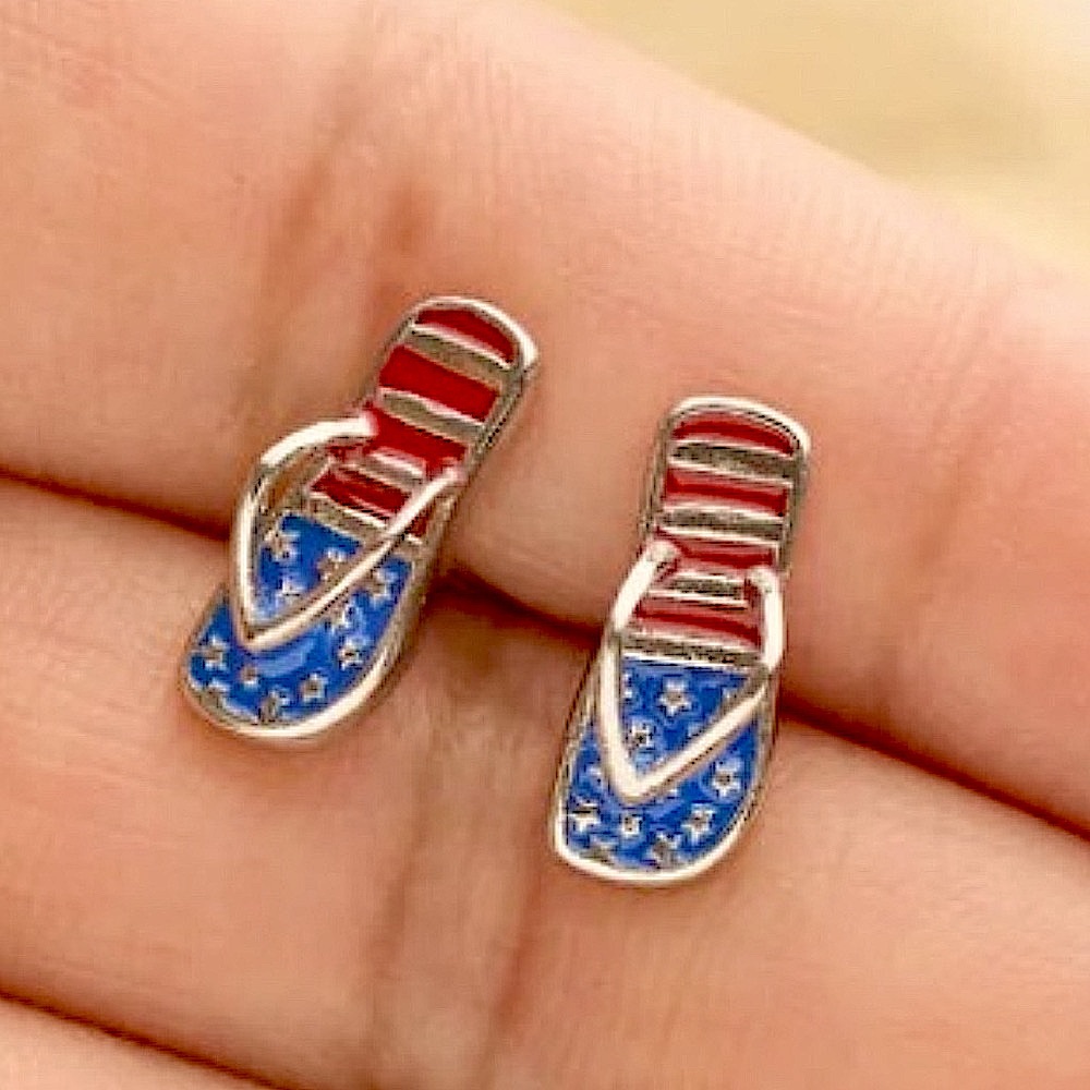 NWT 🩴 🇺🇸 PATRIOTIC .925 SILVER POSTS FLIP FLOP SANDAL NICKLE-FREE EARRINGS - Picture 2 of 4